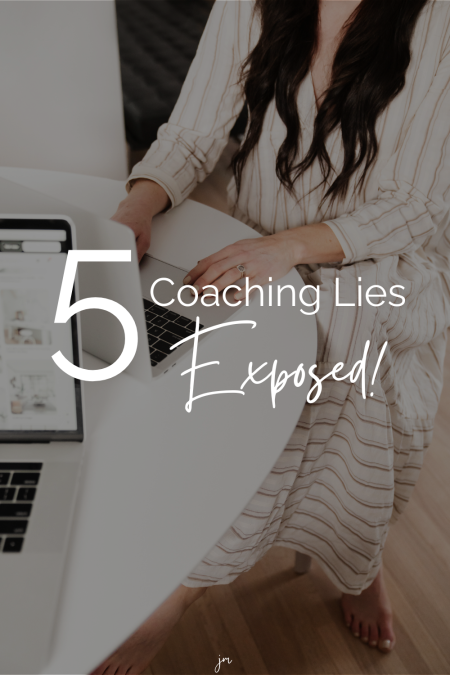 Woman sitting at a table with her laptop showing a second laptop of the person she is coaching, with the words "5 coaching lies exposed"