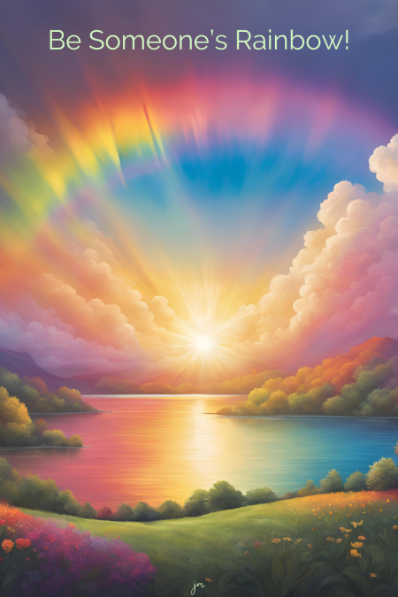 a beautiful painting of a sunrise, over a lake with a rainbow in the sky, with the words be someone's rainbow".