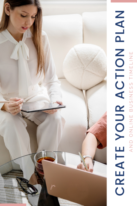 A woman creating a business plan with her business parnter and the words "create your action plan and online business timeline"