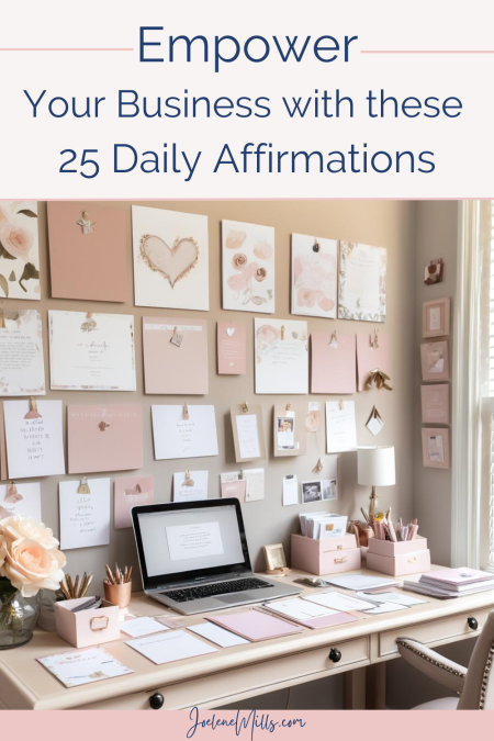 Photo of a woman's home office with affirmations on the wall and desk. With the words "Empower your business with these 25 daily affirmations" 