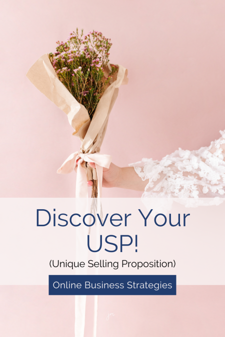 Arm of a woman holding a bouquet of flowers with th words "Discover your usp! (unique selling proposition)" and " online business strategies" over top